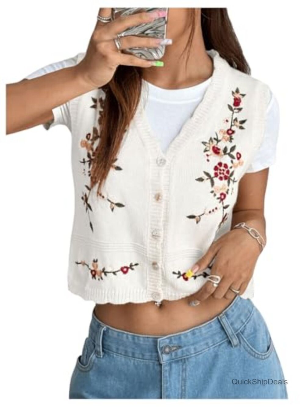 Women Boho Floral Embroidered Sleeveless V-Neck Button Down Knit Vest